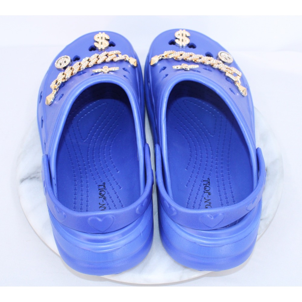 Bon Joli Blue Heart Cutout Platform Clogs Gold Cuban Link Charms Womens 11 - Picture 2 of 7